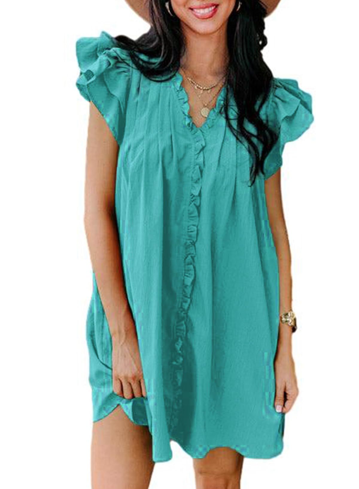 Summer Ruffle Sleeve V Neck Ruffle Cap Short Sleeve Mini Dress