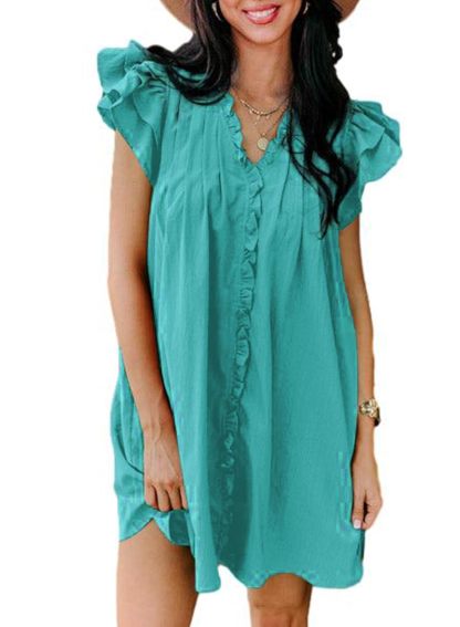 Summer Ruffle Sleeve V Neck Ruffle Cap Short Sleeve Mini Dress