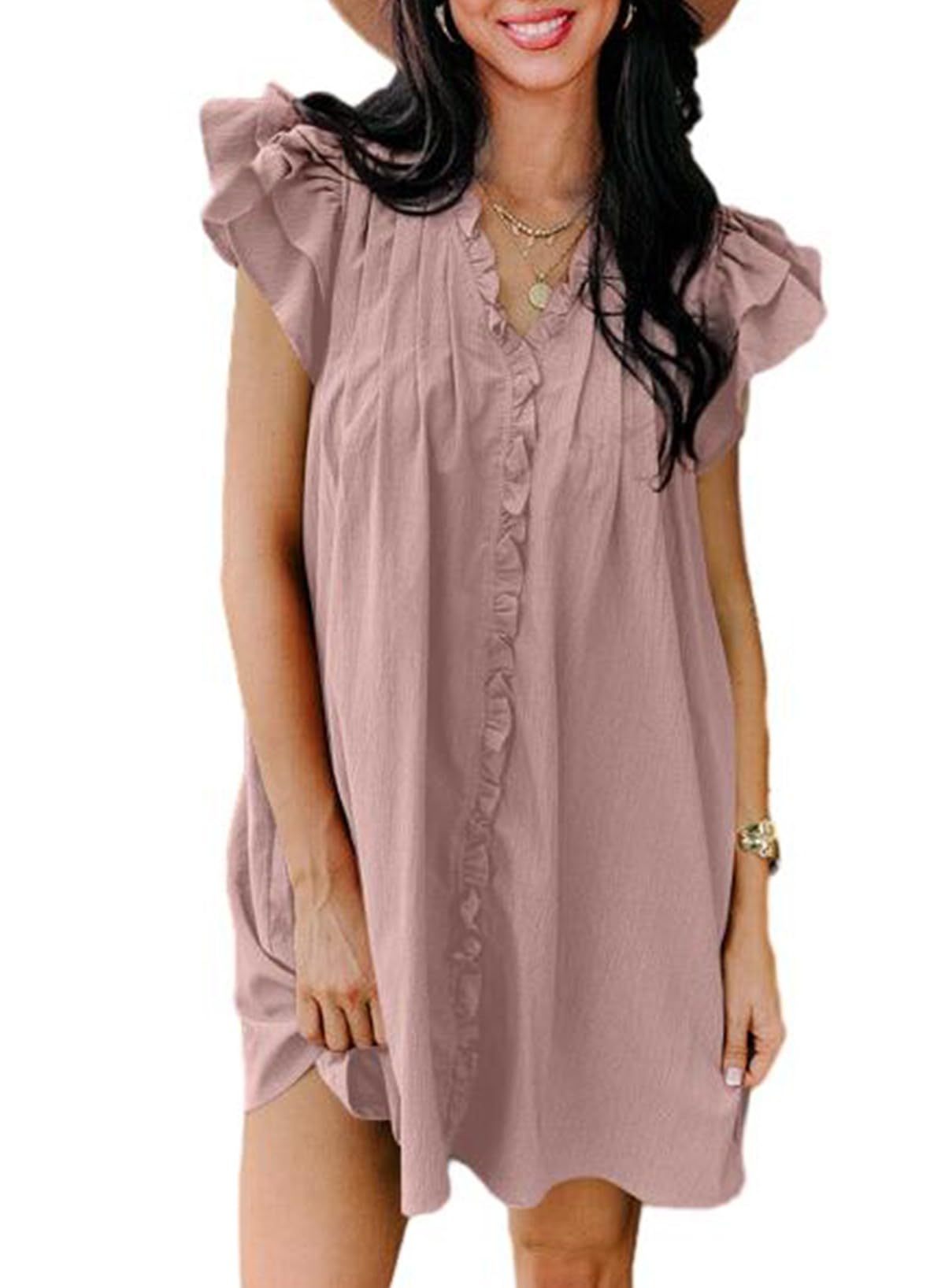 Summer Ruffle Sleeve V Neck Ruffle Cap Short Sleeve Mini Dress