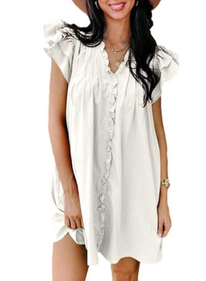 Summer Ruffle Sleeve V Neck Ruffle Cap Short Sleeve Mini Dress