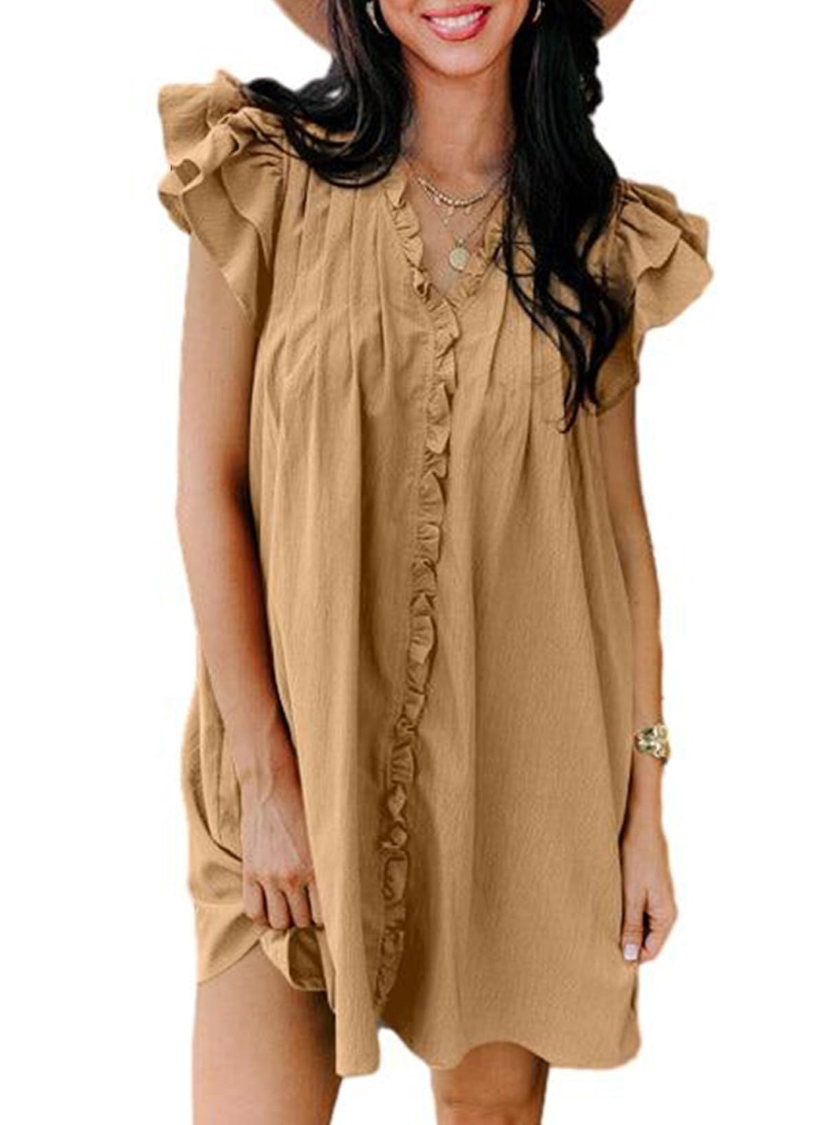 Summer Ruffle Sleeve V Neck Ruffle Cap Short Sleeve Mini Dress