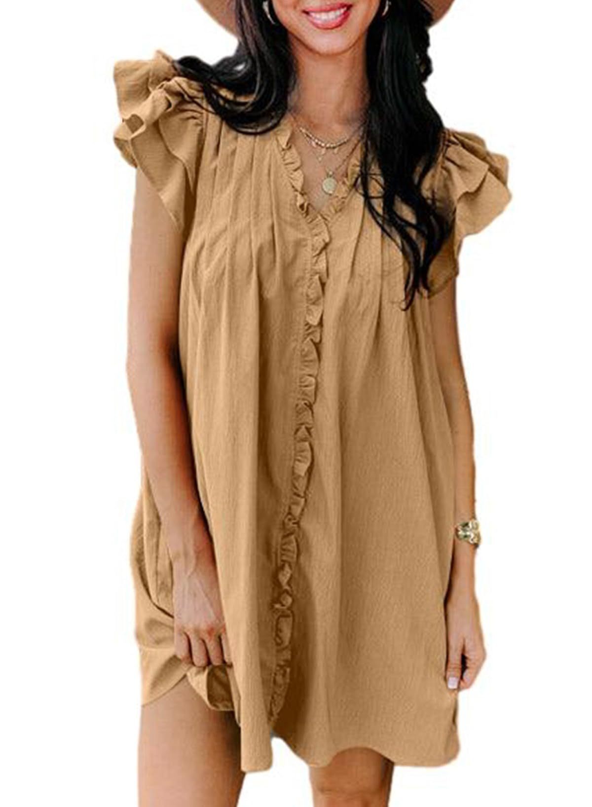 Summer Ruffle Sleeve V Neck Ruffle Cap Short Sleeve Mini Dress