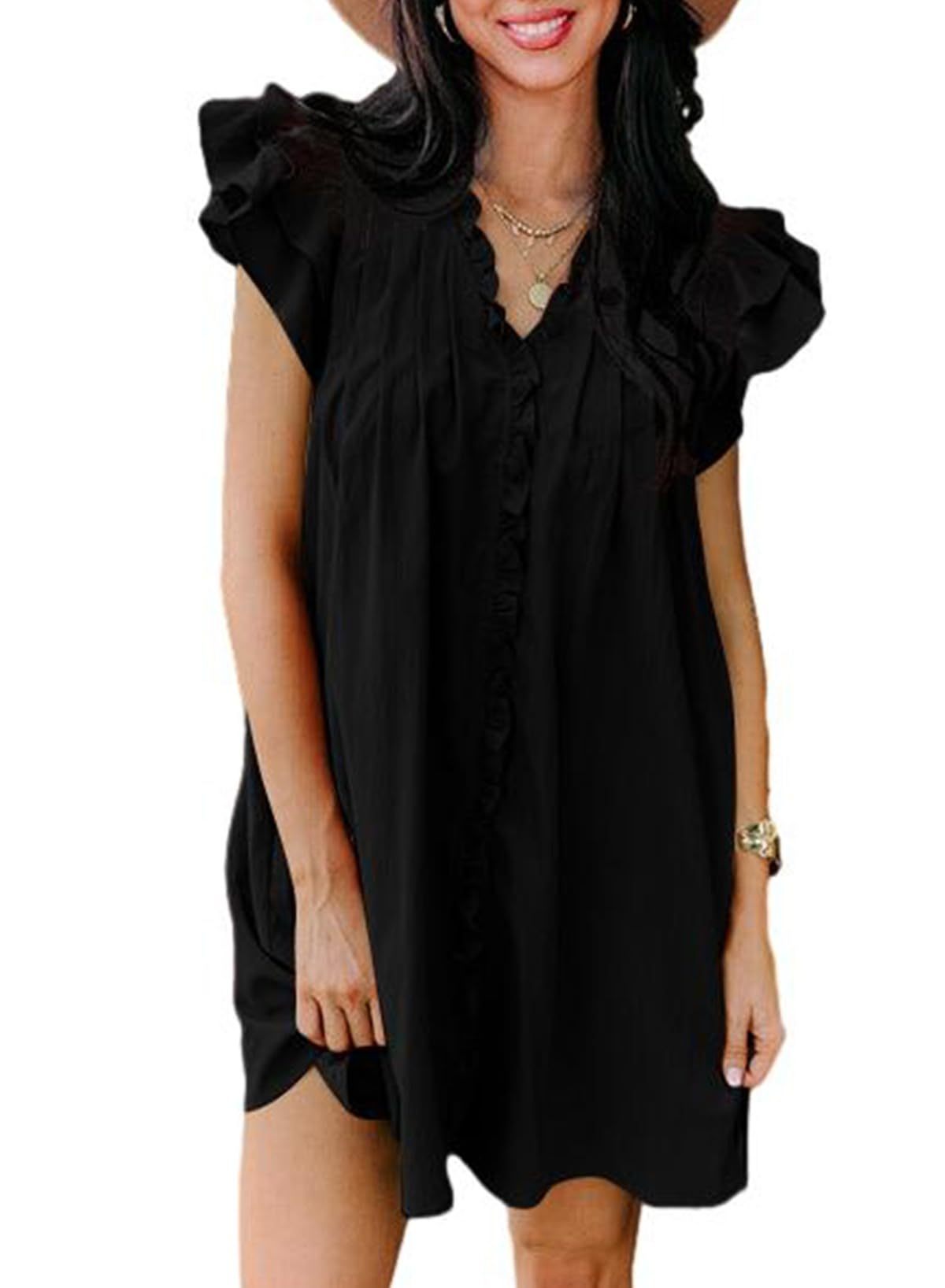 Summer Ruffle Sleeve V Neck Ruffle Cap Short Sleeve Mini Dress