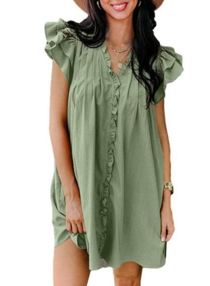 Summer Ruffle Sleeve V Neck Ruffle Cap Short Sleeve Mini Dress