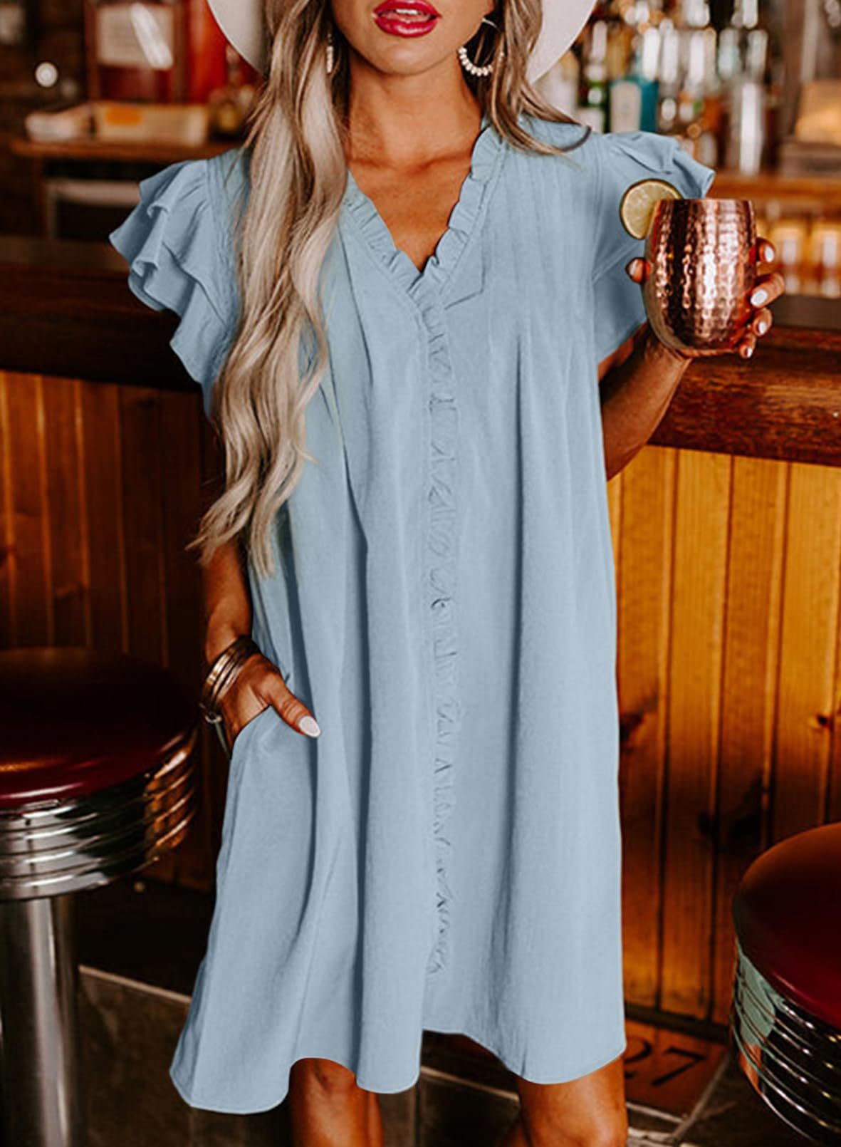 Summer Ruffle Sleeve V Neck Ruffle Cap Short Sleeve Mini Dress