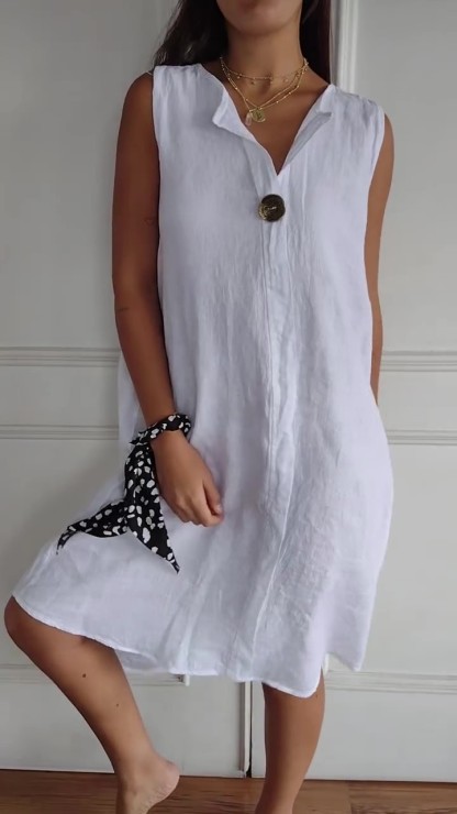 V-neck Sleeveless Cotton and Linen Dress