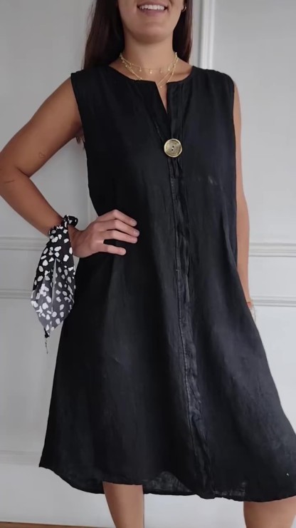 V-neck Sleeveless Cotton and Linen Dress