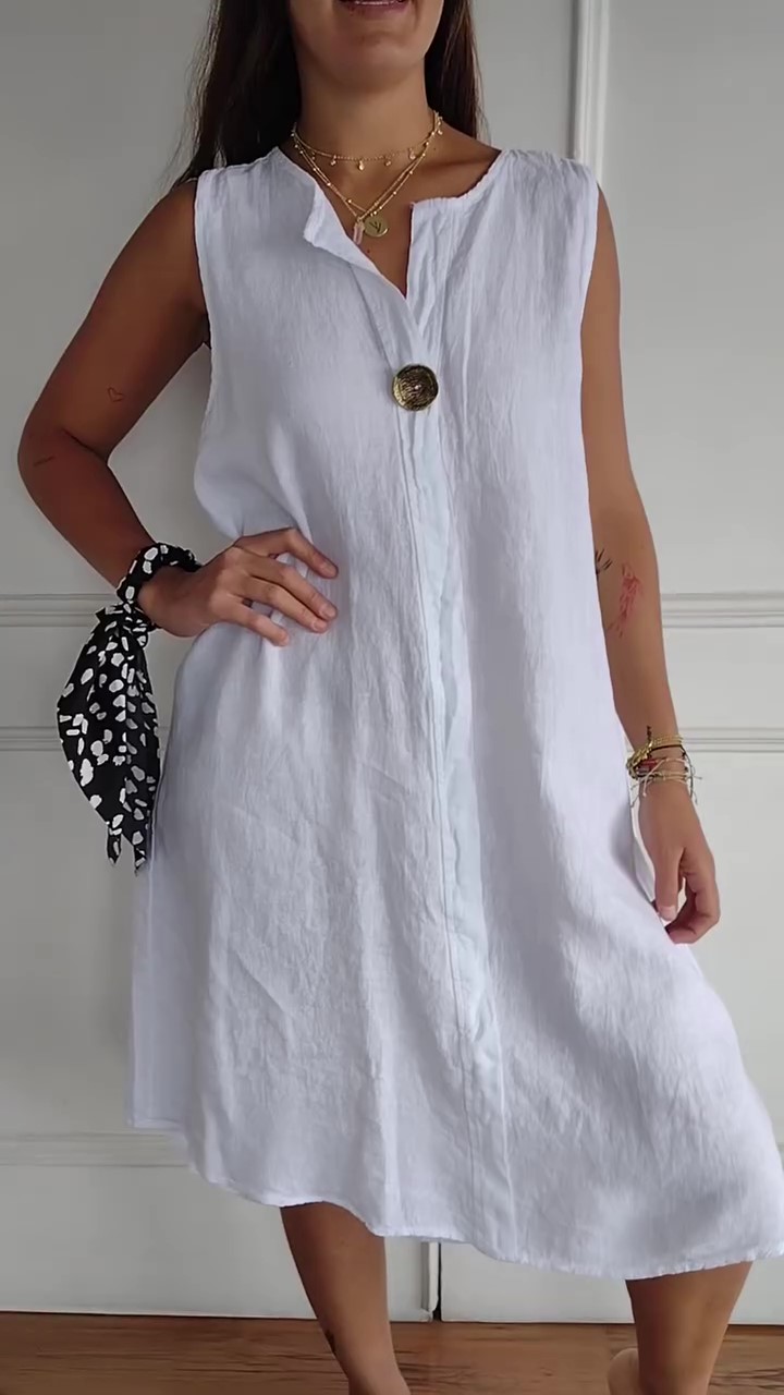 V-neck Sleeveless Cotton and Linen Dress