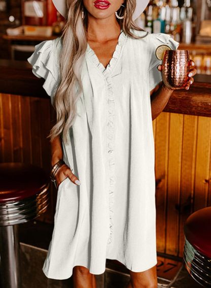 Summer Ruffle Sleeve V Neck Ruffle Cap Short Sleeve Mini Dress