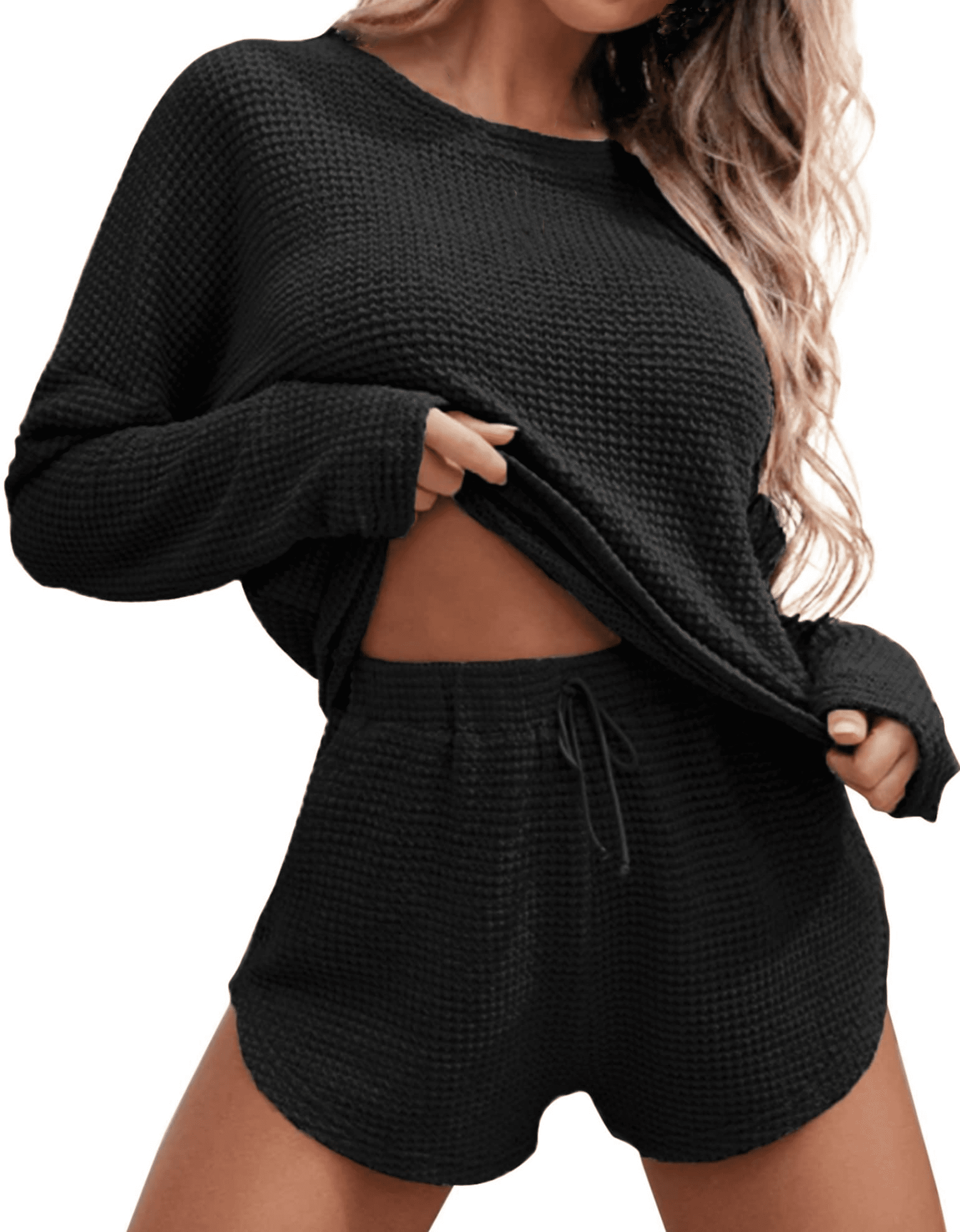 Waffle Knit Lounge Sets Long Sleeve Top and Shorts Outfits Loungewear with Pockets