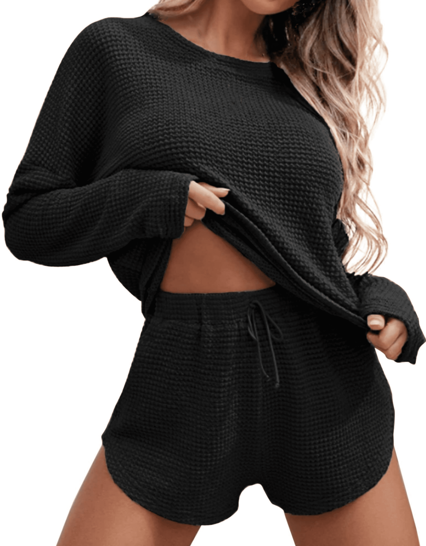 Waffle Knit Lounge Sets Long Sleeve Top and Shorts Outfits Loungewear with Pockets