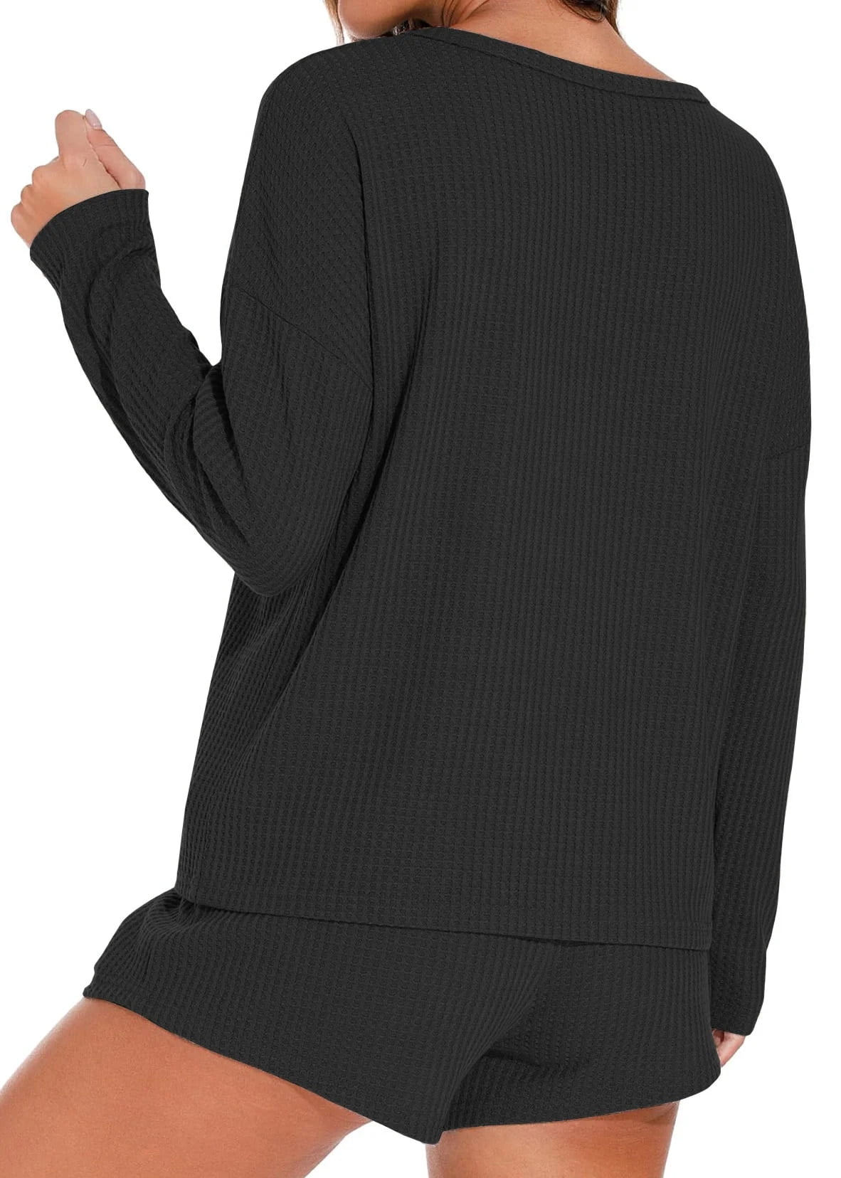Waffle Knit Lounge Sets Long Sleeve Top and Shorts Outfits Loungewear with Pockets