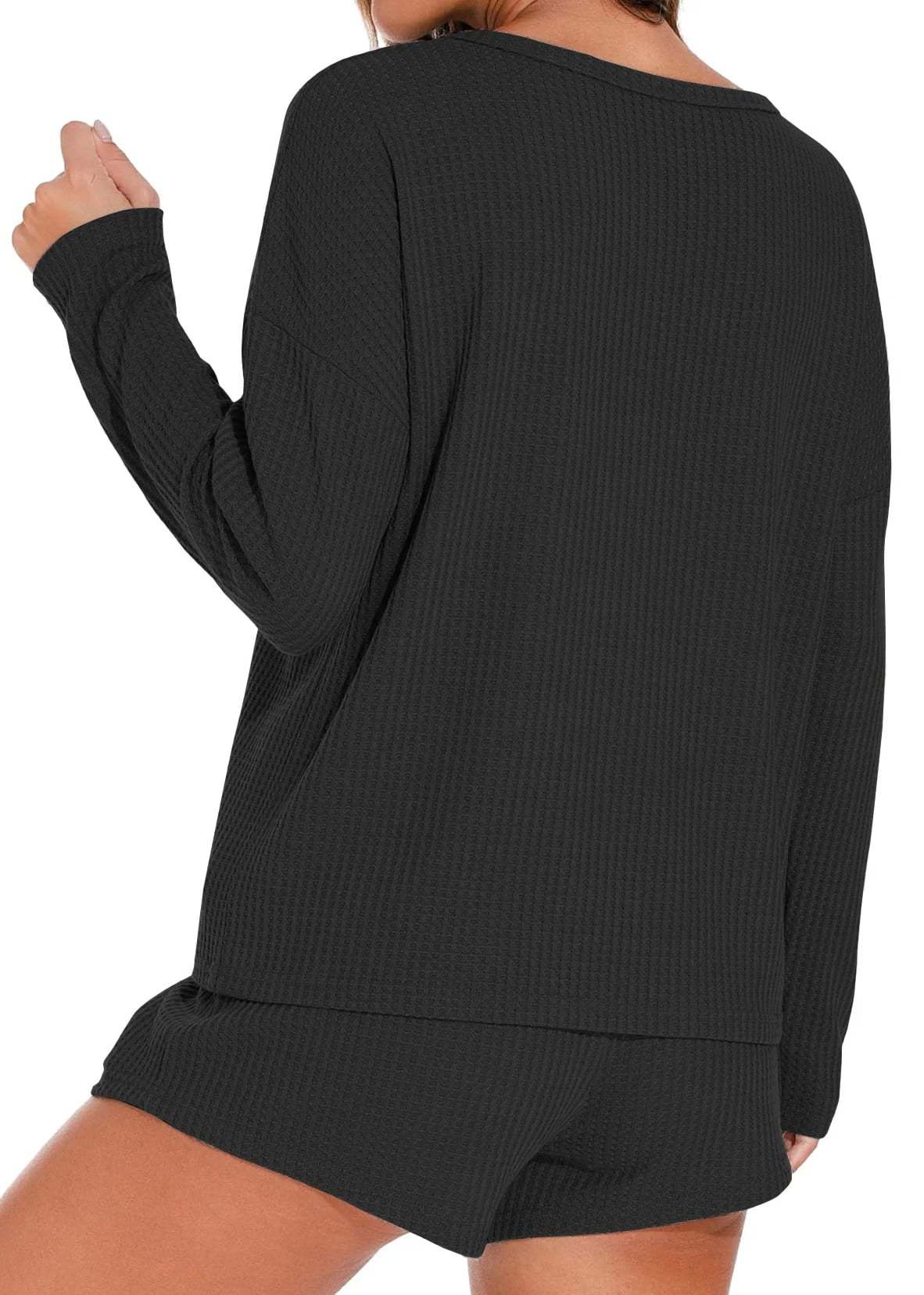 Waffle Knit Lounge Sets Long Sleeve Top and Shorts Outfits Loungewear with Pockets