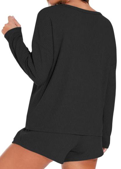 Waffle Knit Lounge Sets Long Sleeve Top and Shorts Outfits Loungewear with Pockets