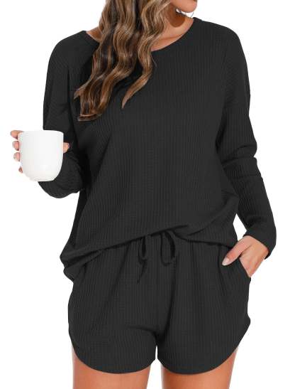 Waffle Knit Lounge Sets Long Sleeve Top and Shorts Outfits Loungewear with Pockets