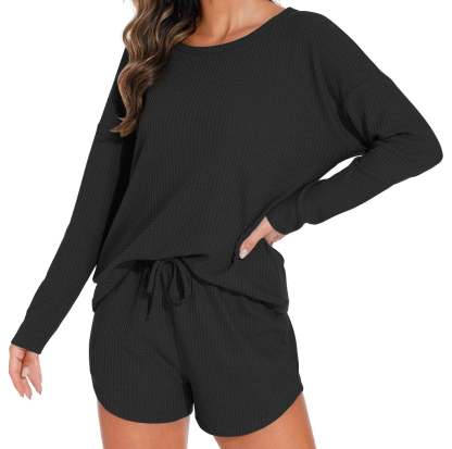 Waffle Knit Lounge Sets Long Sleeve Top and Shorts Outfits Loungewear with Pockets