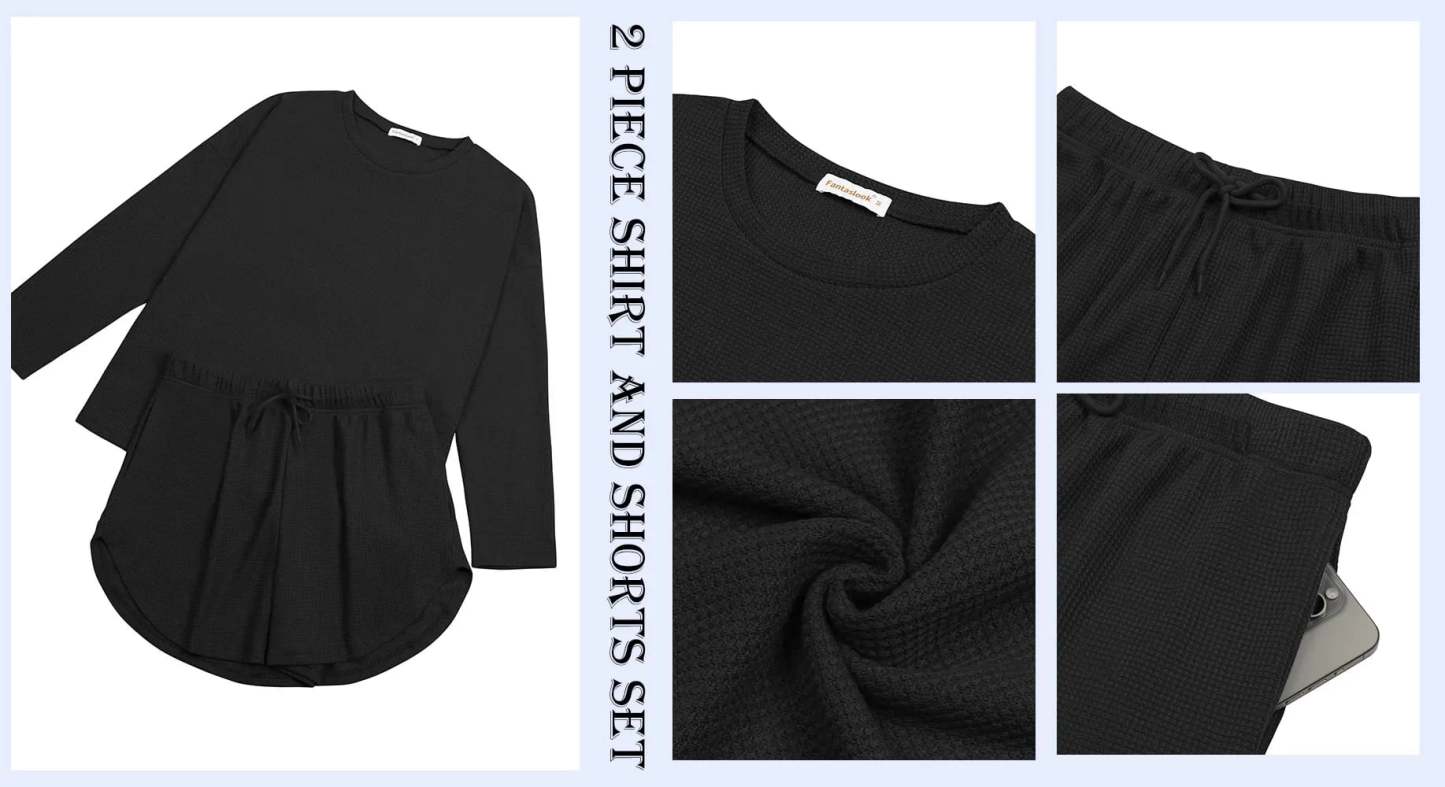 Waffle Knit Lounge Sets Long Sleeve Top and Shorts Outfits Loungewear with Pockets