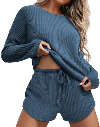 Waffle Knit Lounge Sets Long Sleeve Top and Shorts Outfits Loungewear with Pockets