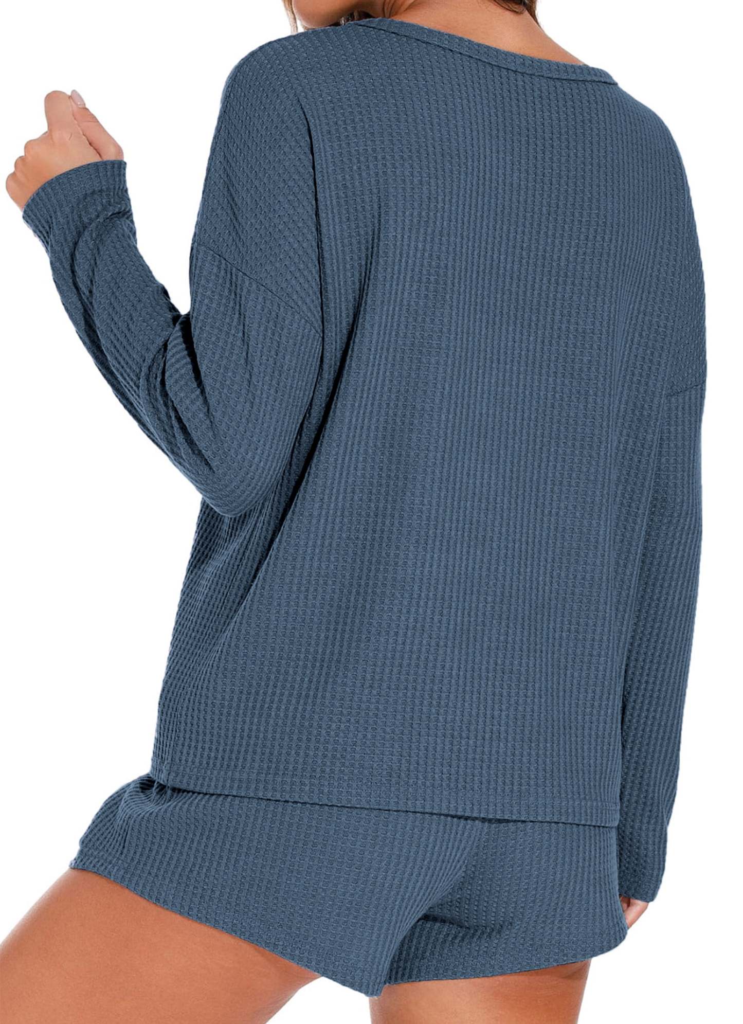 Waffle Knit Lounge Sets Long Sleeve Top and Shorts Outfits Loungewear with Pockets