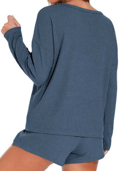 Waffle Knit Lounge Sets Long Sleeve Top and Shorts Outfits Loungewear with Pockets