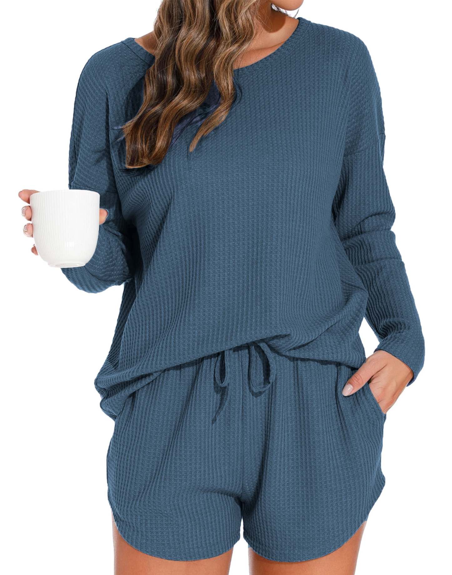 Waffle Knit Lounge Sets Long Sleeve Top and Shorts Outfits Loungewear with Pockets