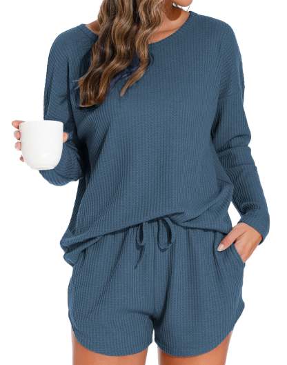 Waffle Knit Lounge Sets Long Sleeve Top and Shorts Outfits Loungewear with Pockets