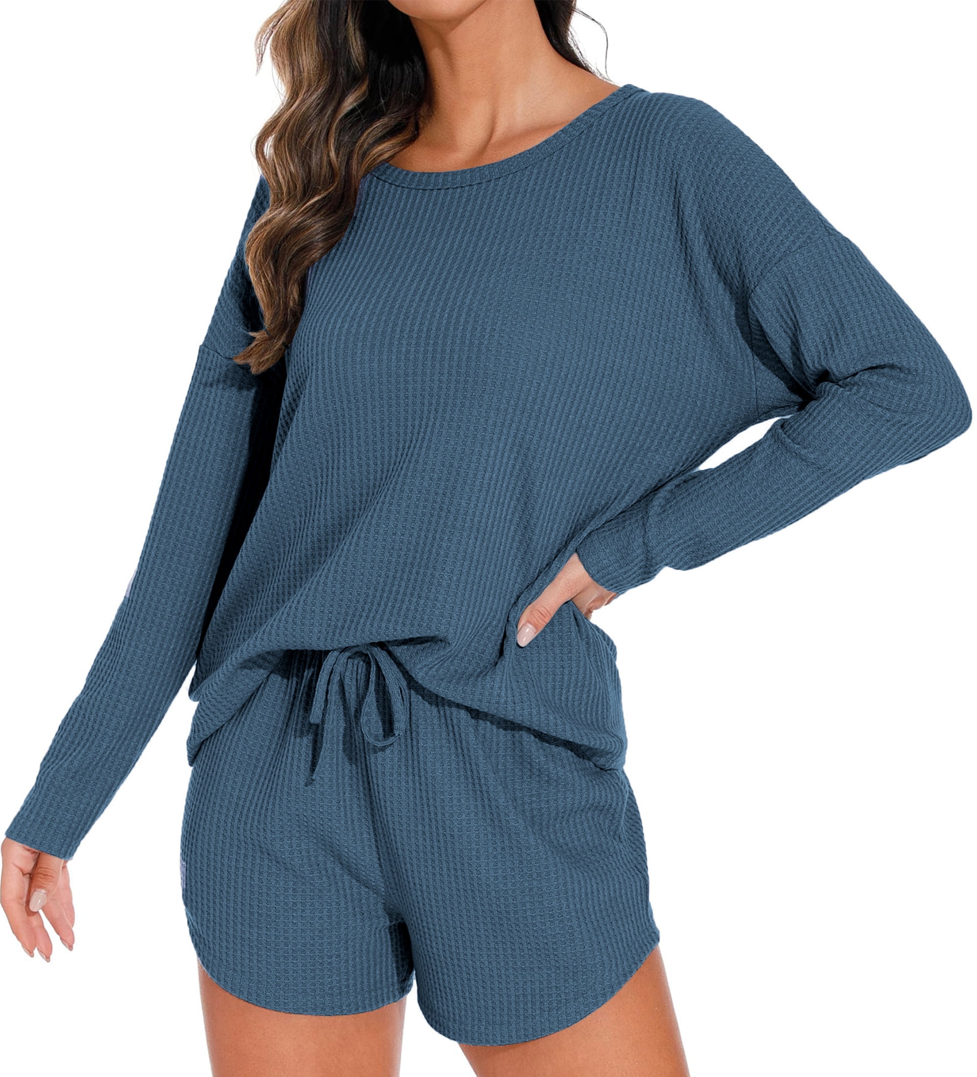 Waffle Knit Lounge Sets Long Sleeve Top and Shorts Outfits Loungewear with Pockets