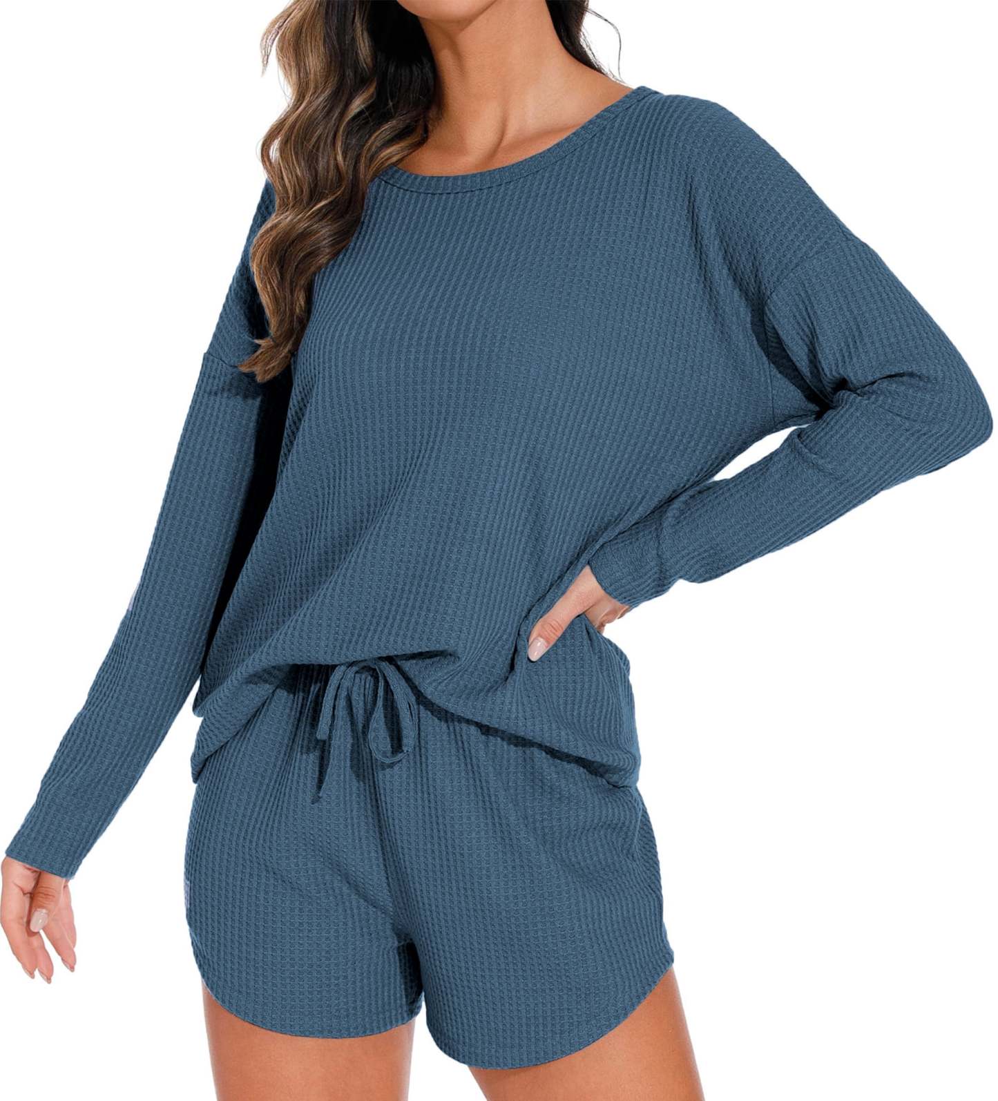 Waffle Knit Lounge Sets Long Sleeve Top and Shorts Outfits Loungewear with Pockets