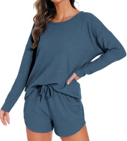Waffle Knit Lounge Sets Long Sleeve Top and Shorts Outfits Loungewear with Pockets