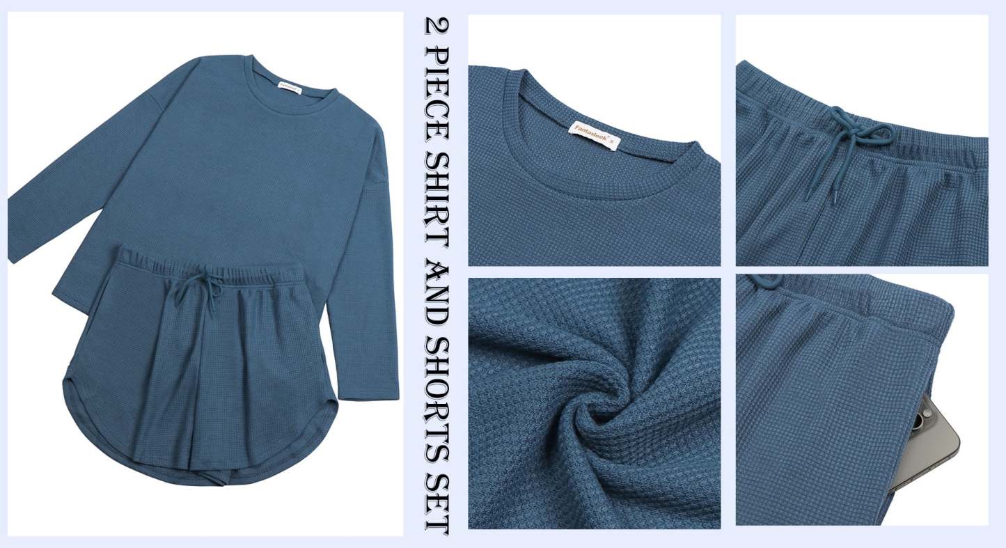 Waffle Knit Lounge Sets Long Sleeve Top and Shorts Outfits Loungewear with Pockets