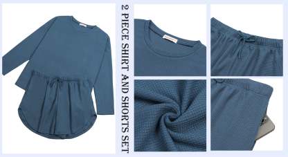 Waffle Knit Lounge Sets Long Sleeve Top and Shorts Outfits Loungewear with Pockets