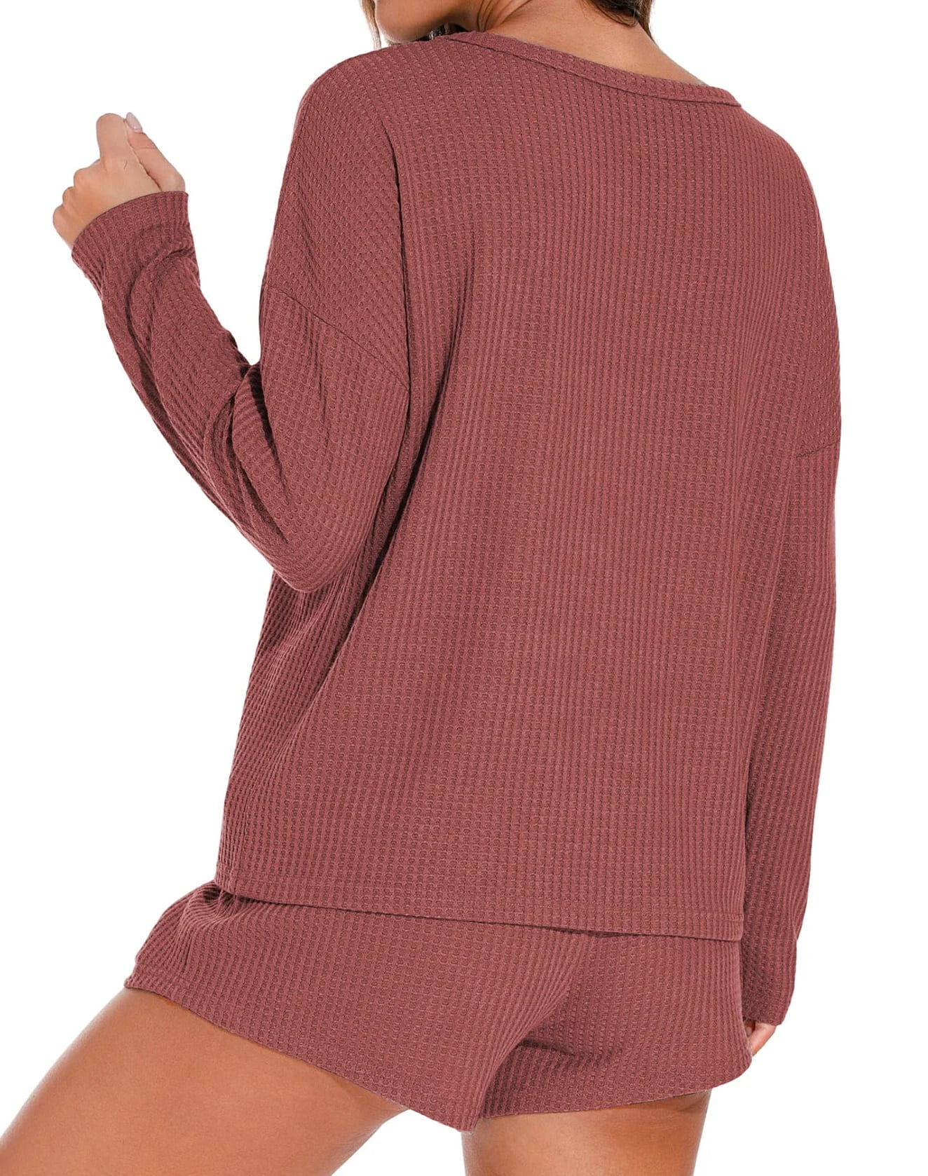 Waffle Knit Lounge Sets Long Sleeve Top and Shorts Outfits Loungewear with Pockets