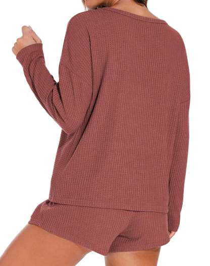 Waffle Knit Lounge Sets Long Sleeve Top and Shorts Outfits Loungewear with Pockets
