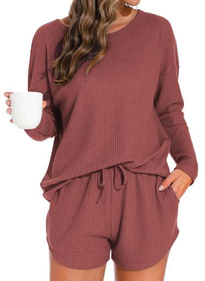 Waffle Knit Lounge Sets Long Sleeve Top and Shorts Outfits Loungewear with Pockets