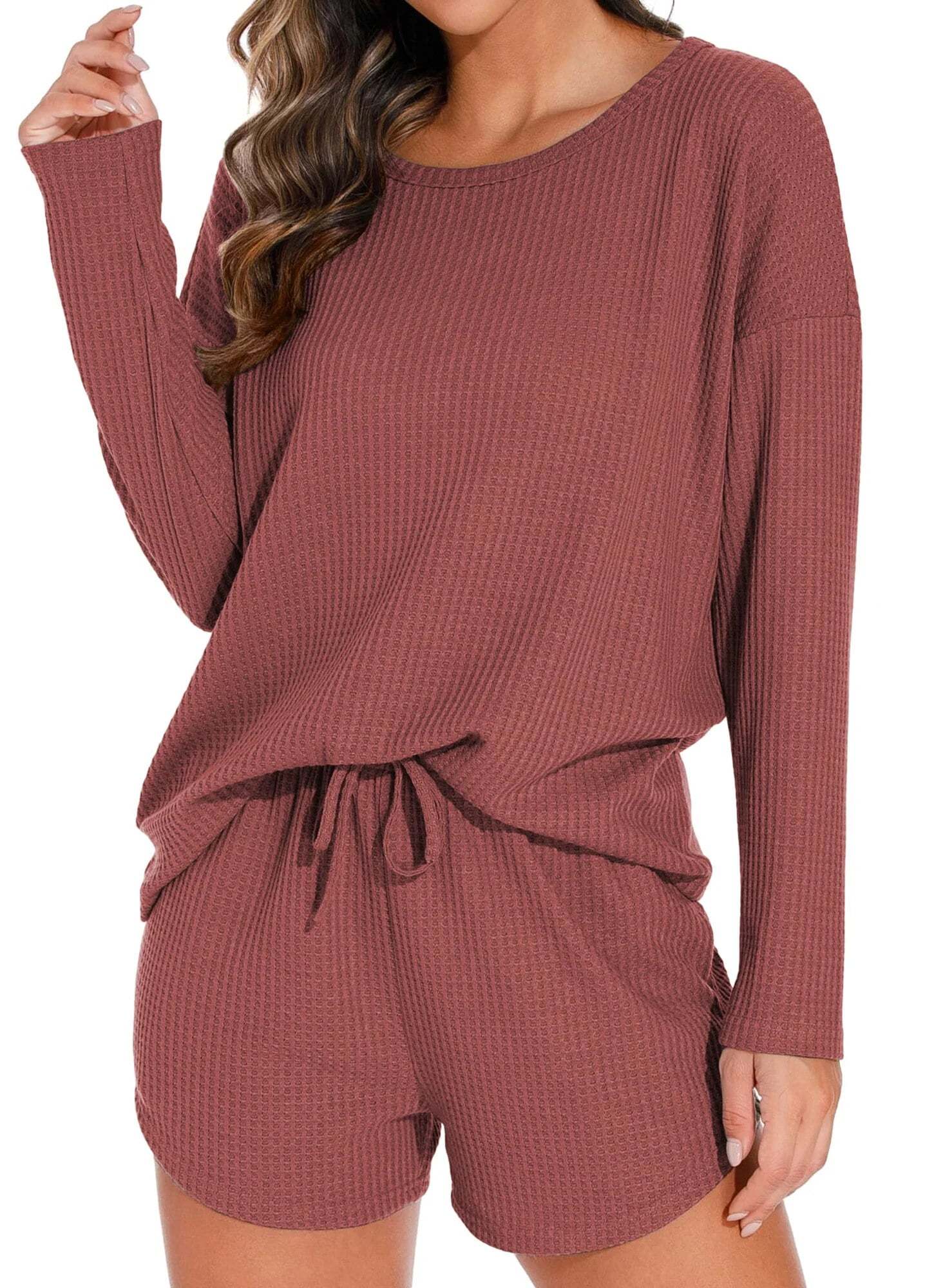 Waffle Knit Lounge Sets Long Sleeve Top and Shorts Outfits Loungewear with Pockets