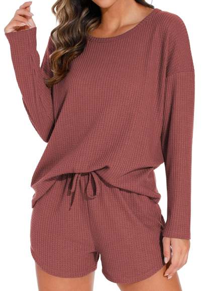 Waffle Knit Lounge Sets Long Sleeve Top and Shorts Outfits Loungewear with Pockets