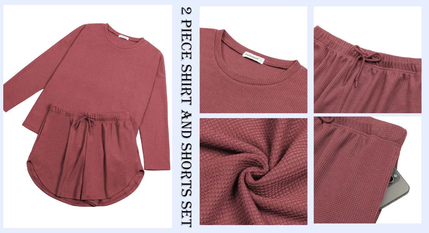 Waffle Knit Lounge Sets Long Sleeve Top and Shorts Outfits Loungewear with Pockets
