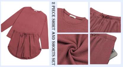 Waffle Knit Lounge Sets Long Sleeve Top and Shorts Outfits Loungewear with Pockets