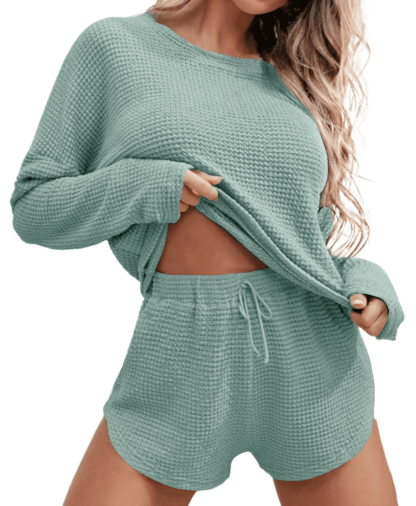 Waffle Knit Lounge Sets Long Sleeve Top and Shorts Outfits Loungewear with Pockets