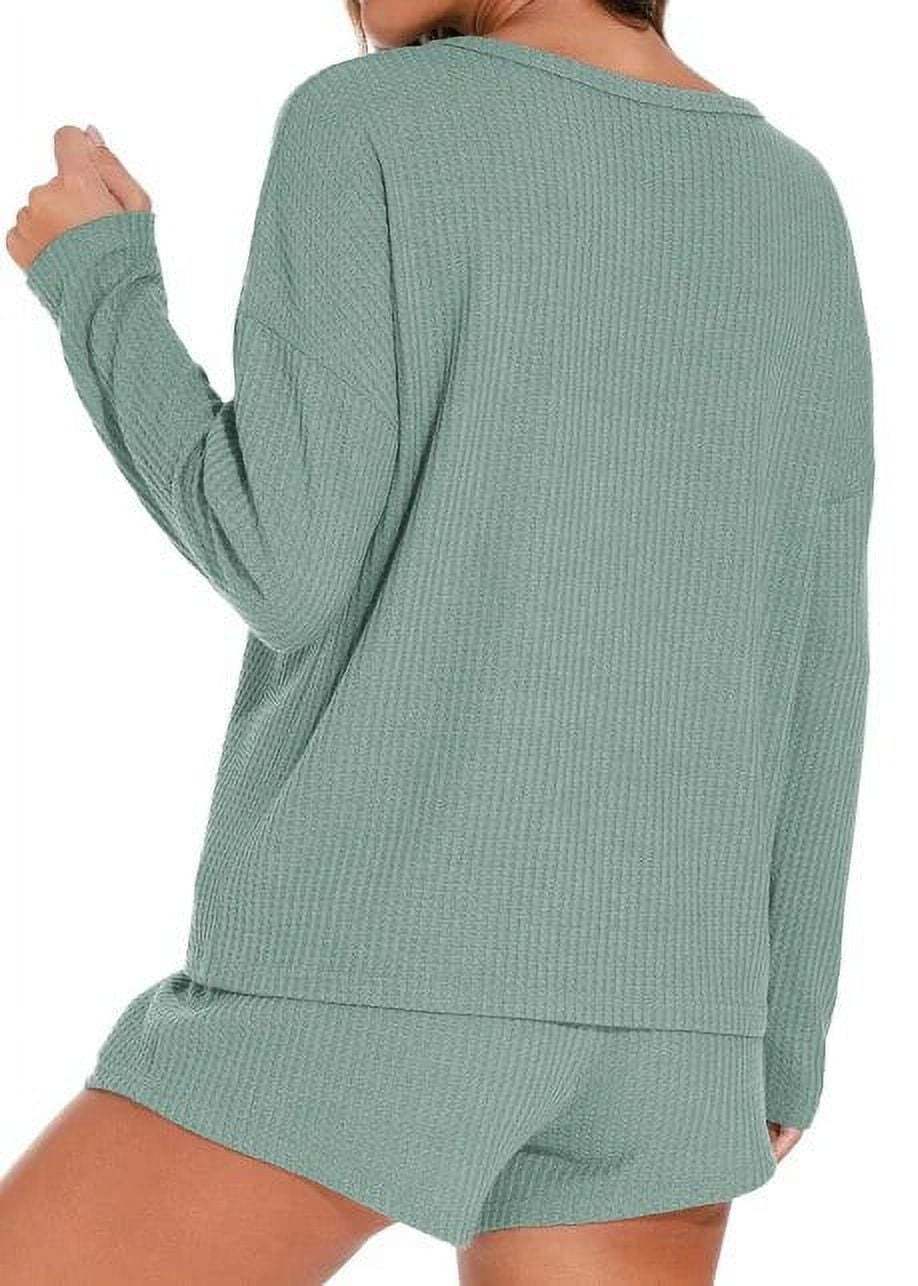 Waffle Knit Lounge Sets Long Sleeve Top and Shorts Outfits Loungewear with Pockets
