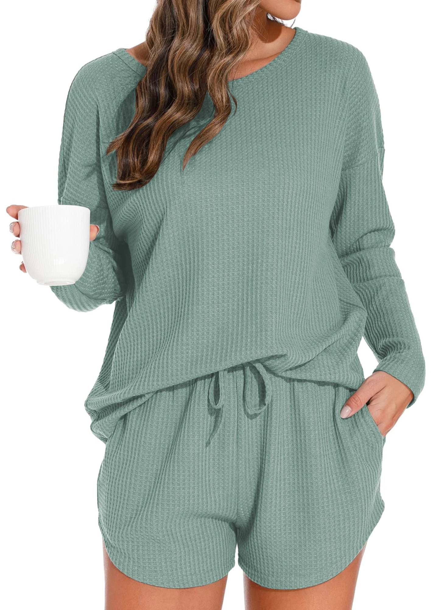 Waffle Knit Lounge Sets Long Sleeve Top and Shorts Outfits Loungewear with Pockets