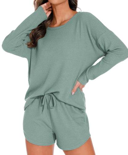 Waffle Knit Lounge Sets Long Sleeve Top and Shorts Outfits Loungewear with Pockets
