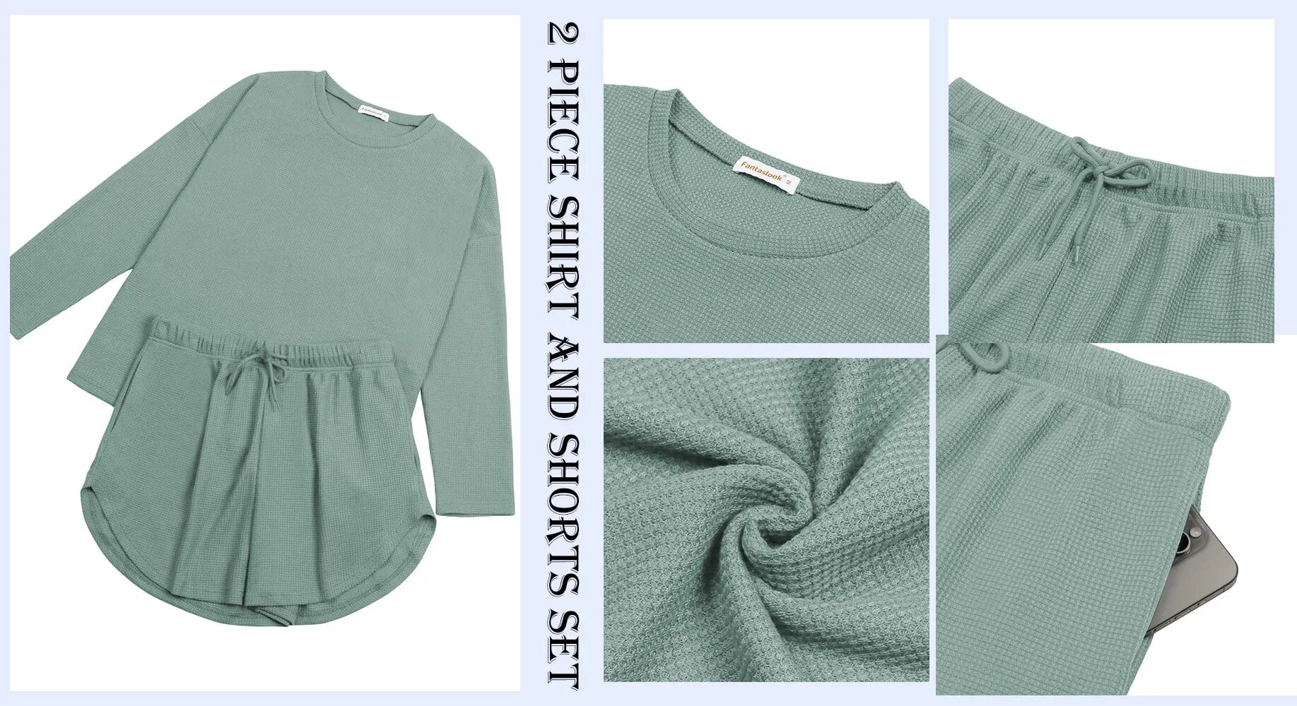 Waffle Knit Lounge Sets Long Sleeve Top and Shorts Outfits Loungewear with Pockets
