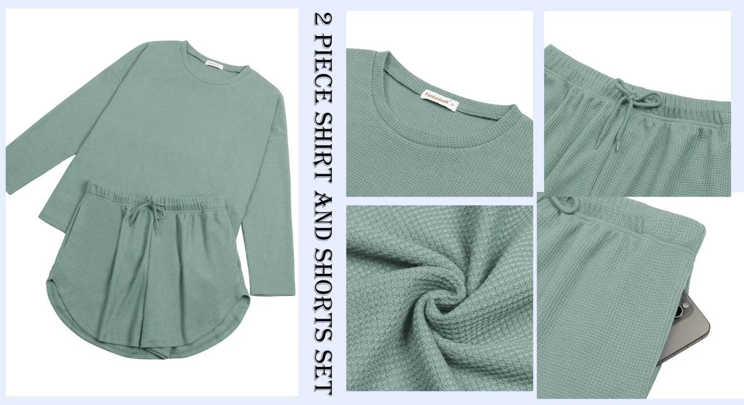 Waffle Knit Lounge Sets Long Sleeve Top and Shorts Outfits Loungewear with Pockets