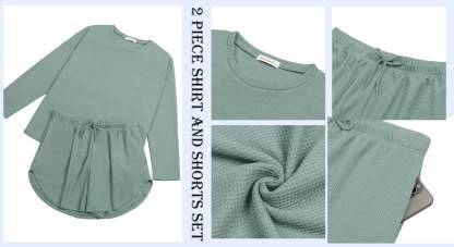 Waffle Knit Lounge Sets Long Sleeve Top and Shorts Outfits Loungewear with Pockets