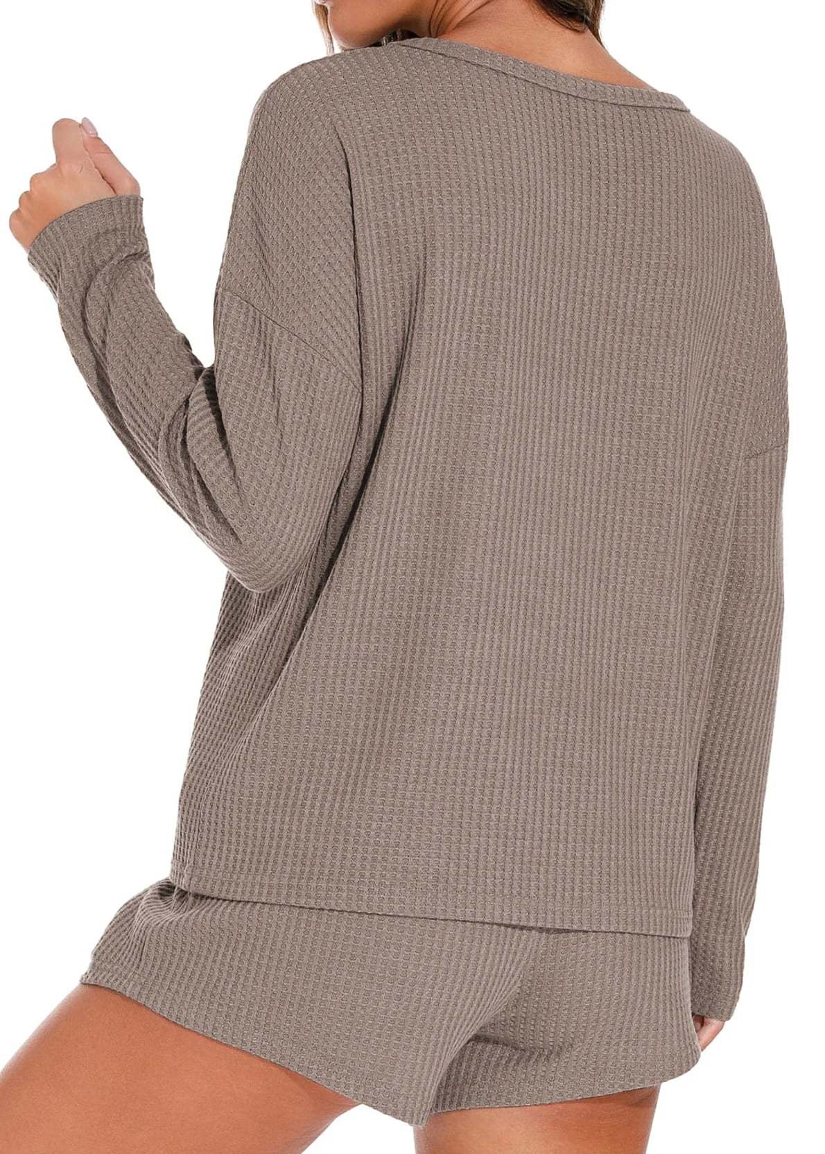 Waffle Knit Lounge Sets Long Sleeve Top and Shorts Outfits Loungewear with Pockets