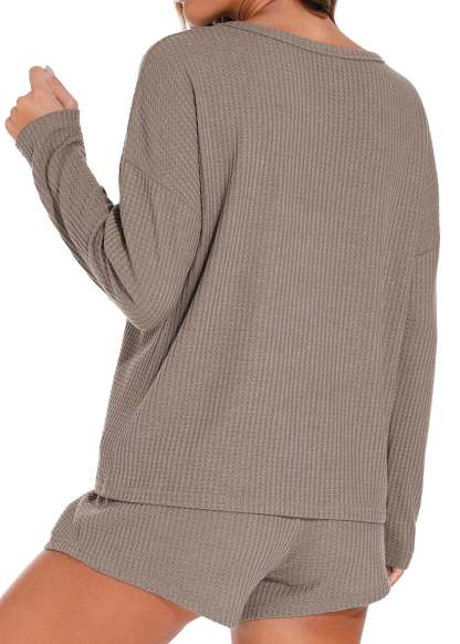 Waffle Knit Lounge Sets Long Sleeve Top and Shorts Outfits Loungewear with Pockets