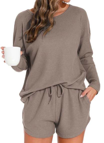 Waffle Knit Lounge Sets Long Sleeve Top and Shorts Outfits Loungewear with Pockets