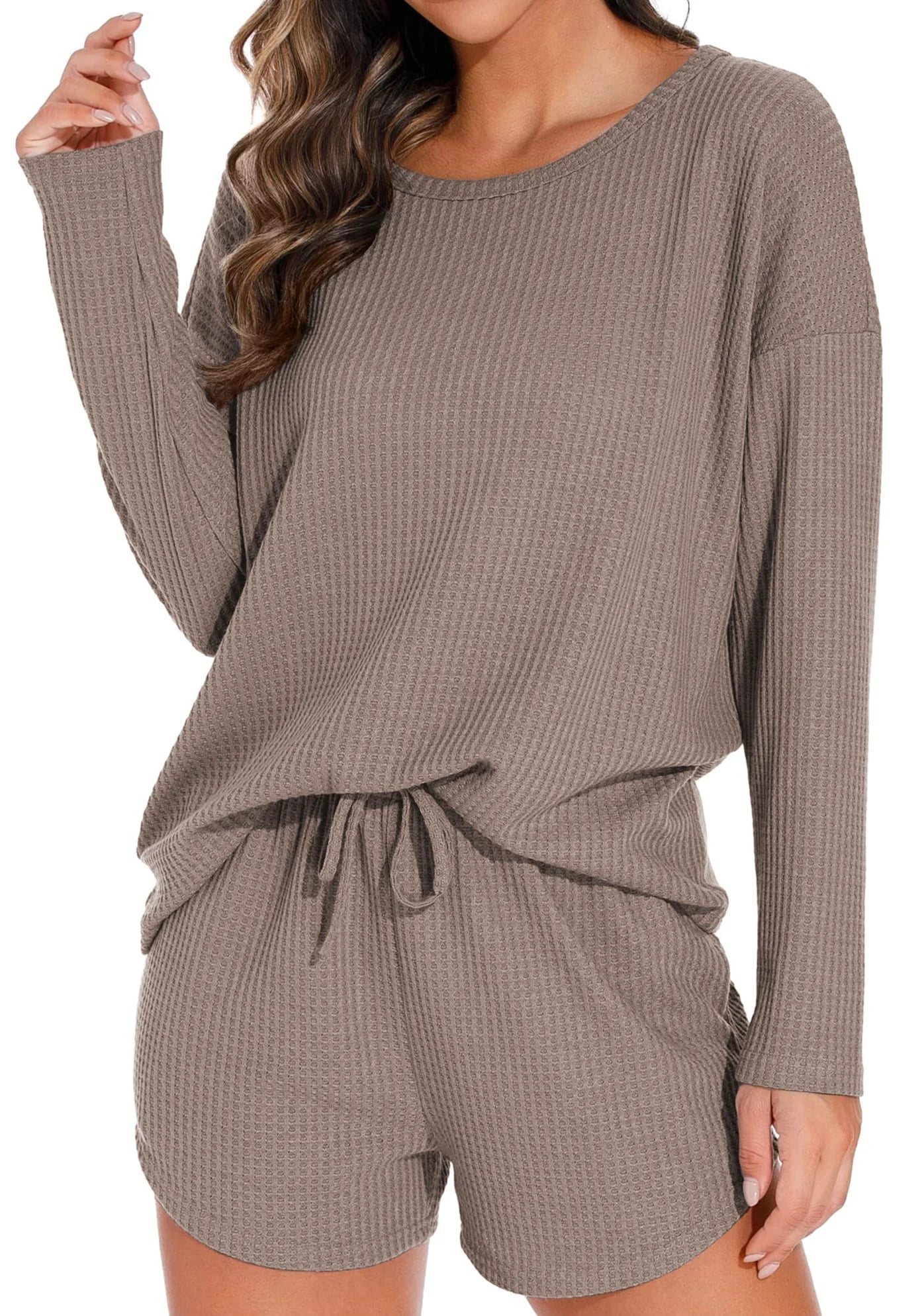 Waffle Knit Lounge Sets Long Sleeve Top and Shorts Outfits Loungewear with Pockets