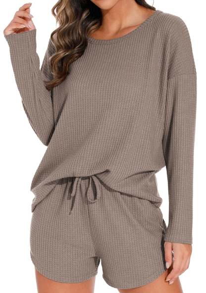 Waffle Knit Lounge Sets Long Sleeve Top and Shorts Outfits Loungewear with Pockets
